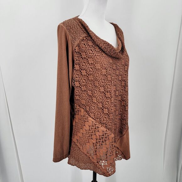 Cactus + Pearl Blouse Women's Large Cowl Neck Lace Overlay Brown - Picture 5 of 10